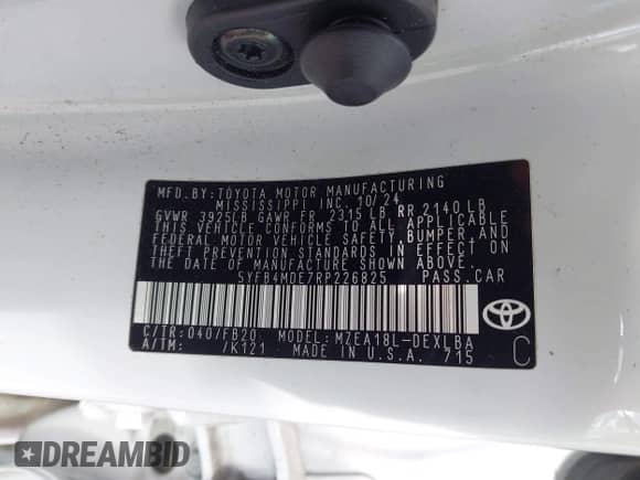 2024 Toyota Corolla LE with VIN 5YFB4MDE7RP226825, listed as a IAAI auction lot 43426123 with 57,983 mi miles and . Bid and sale history available at DreamBid. Image 9.