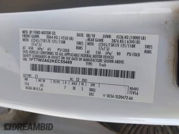 2019 Ford F-250 XL with VIN 1FT7W2A62KEC55489, listed as a IAAI auction lot 42848656 with 230,291 mi miles and . Bid and sale history available at DreamBid. Image 9.