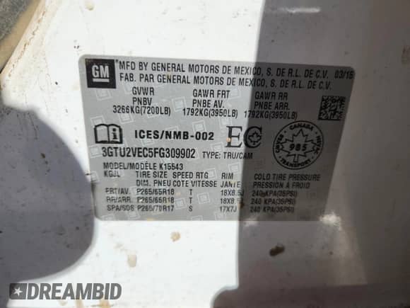 2015 GMC Sierra 1500 SLT z VIN 3GTU2VEC5FG309902, wystawiony jako Copart lot #87225375 z przebiegiem Nie podano mil oraz Czysty tytuł • Clean title. Historia ofert i sprzedaży dostępna na DreamBid. Obrazek 13.