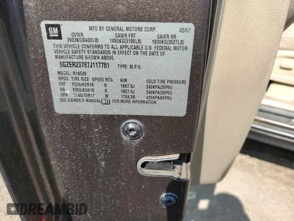 2007 Saturn Outlook XR z VIN 5GZER23787J117781, wystawiony jako Copart lot #59815915 z przebiegiem Nie podano mil oraz Szkoda całkowita • Salvage title. Historia ofert i sprzedaży dostępna na DreamBid. Obrazek 14.