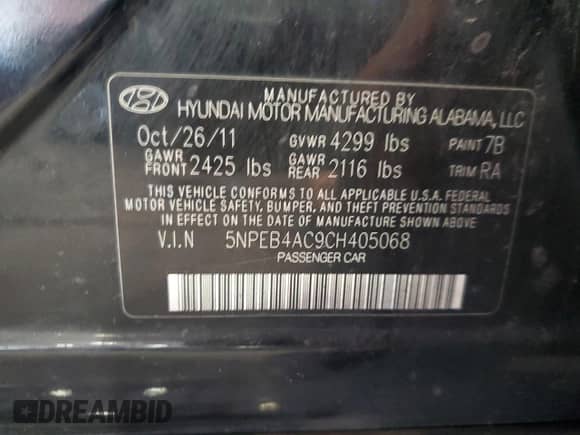 2012 Hyundai Sonata GLS с VIN 5NPEB4AC9CH405068, выставлен на аукционе Copart как лот 71586095 с пробегом 186 288 миль миль и Списание • Salvage title. История ставок и продаж доступна на DreamBid. Изображение 12.