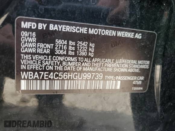 2017 BMW 7 Series 740i xDrive with VIN WBA7E4C56HGU99739, listed as a Copart auction lot 45713695 with 118,349 mi miles and Salvage title. Bid and sale history available at DreamBid. Image 15.