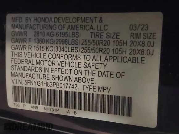 2023 Honda Pilot Elite z VIN 5FNYG1H83PB017742, wystawiony jako IAAI lot #43298430 z przebiegiem 26 843 mil mil oraz . Historia ofert i sprzedaży dostępna na DreamBid. Obrazek 9.