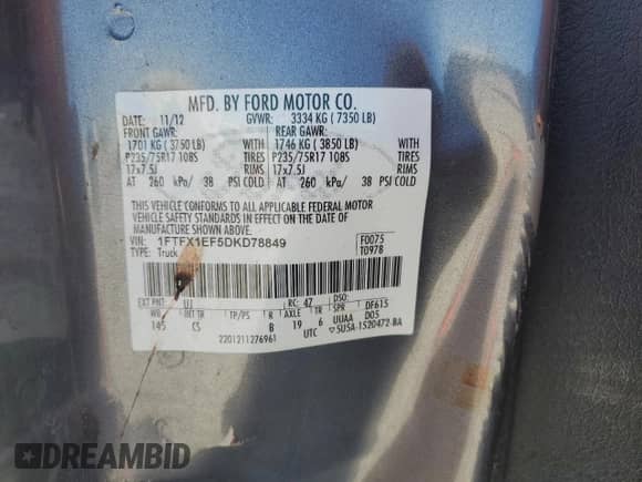 2013 Ford F-150 XL с VIN 1FTFX1EF5DKD78849, выставлен на аукционе Copart как лот 85705855 с пробегом 172 940 миль миль и Списание • Salvage title. История ставок и продаж доступна на DreamBid. Изображение 12.