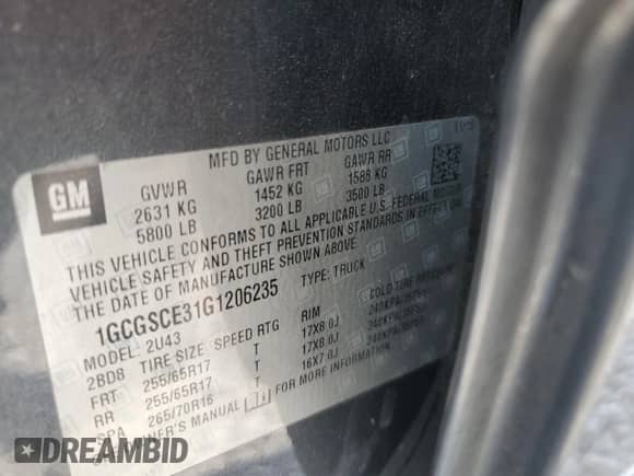 2016 Chevrolet Colorado 2WD LT with VIN 1GCGSCE31G1206235, listed as a Copart auction lot 81496305 with 309,667 mi miles and Salvage title. Bid and sale history available at DreamBid. Image 12.
