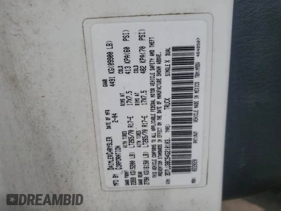 2004 Dodge 3500 SLT с VIN 3D7LU38C54G210103, выставлен на аукционе Copart как лот 55668575 с пробегом 215 222 миль миль и Списание • Salvage title. История ставок и продаж доступна на DreamBid. Изображение 12.