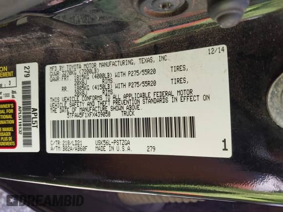 2015 Toyota Tundra Platinum с VIN 5TFAW5F1XFX439058, выставлен на аукционе IAAI как лот 43067362 с пробегом 160 102 миль миль и . История ставок и продаж доступна на DreamBid. Изображение 9.