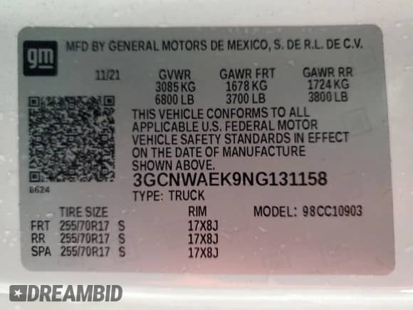 2022 Chevrolet Silverado 1500 Work Truck with VIN 3GCNWAEK9NG131158, listed as a Copart auction lot 44638505 with Not provided miles and Salvage title. Bid and sale history available at DreamBid. Image 12.