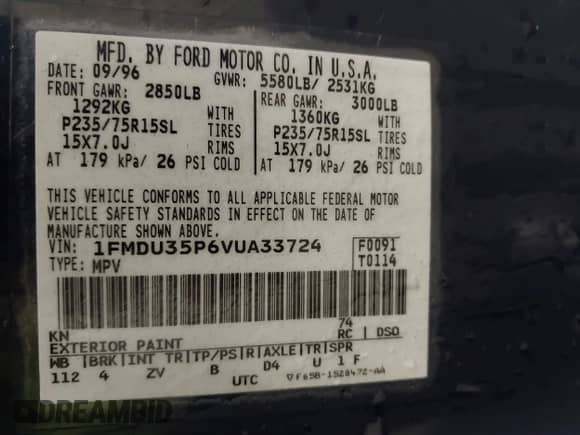 1997 Ford Explorer XLT с VIN 1FMDU35P6VUA33724, выставлен на аукционе IAAI как лот 41843164 с пробегом 226 234 миль миль и . История ставок и продаж доступна на DreamBid. Изображение 9.