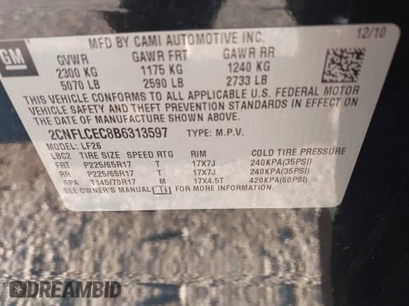 2011 Chevrolet Equinox LS z VIN 2CNFLCEC8B6313597, wystawiony jako IAAI lot #43477420 z przebiegiem 181 436 mil mil oraz . Historia ofert i sprzedaży dostępna na DreamBid. Obrazek 9.