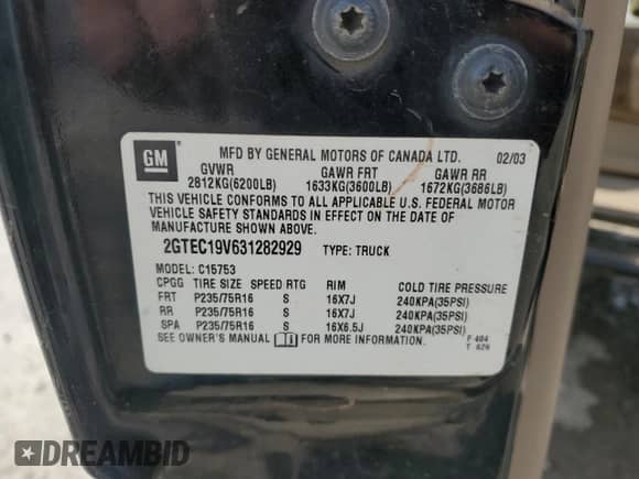 2003 GMC Sierra 1500 SLE with VIN 2GTEC19V631282929, listed as a Copart auction lot 60904395 with 193,022 mi miles and Salvage title. Bid and sale history available at DreamBid. Image 12.