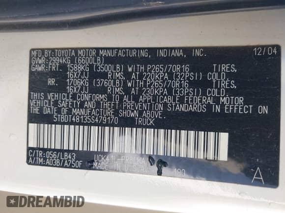 2005 Toyota Tundra Limited z VIN 5TBDT48135S479170, wystawiony jako IAAI lot #43249054 z przebiegiem 176 004 mil mil oraz . Historia ofert i sprzedaży dostępna na DreamBid. Obrazek 9.