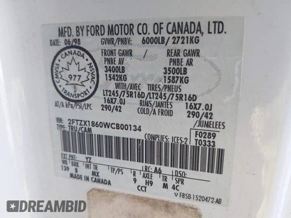 1998 Ford F-150 z VIN 2FTZX1860WCB00134, wystawiony jako IAAI lot #43498351 z przebiegiem 235 031 mil mil oraz . Historia ofert i sprzedaży dostępna na DreamBid. Obrazek 9.