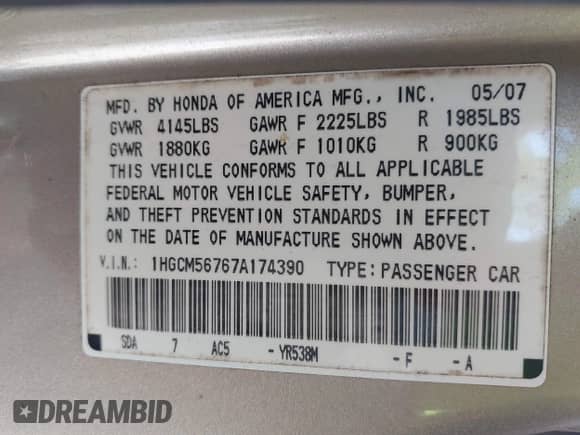 2007 Honda Accord EX z VIN 1HGCM56767A174390, wystawiony jako IAAI lot #42890806 z przebiegiem Nie podano mil oraz . Historia ofert i sprzedaży dostępna na DreamBid. Obrazek 9.