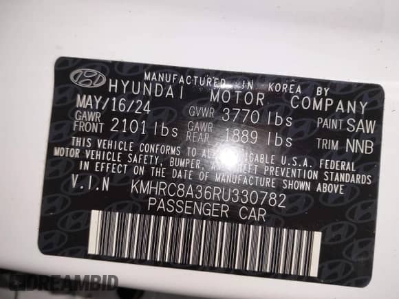 2024 Hyundai Venue SEL with VIN KMHRC8A36RU330782, listed as a IAAI auction lot 42019933 with 14,585 mi miles and . Bid and sale history available at DreamBid. Image 9.