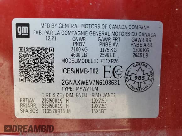 2022 Chevrolet Equinox RS с VIN 2GNAXWEV7N6108631, выставлен на аукционе Copart как лот 67931525 с пробегом 44 298 миль миль и Списание • Salvage title. История ставок и продаж доступна на DreamBid. Изображение 13.