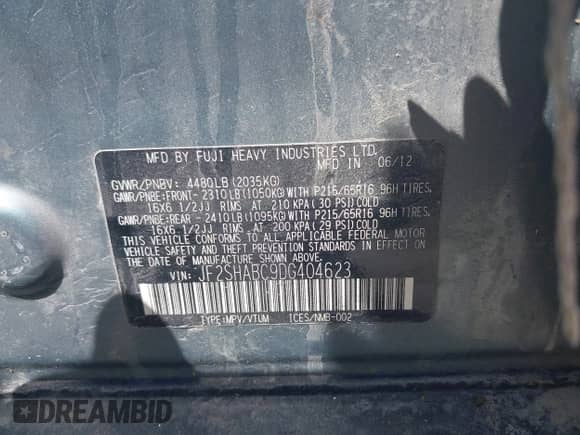 2013 Subaru Forester X z VIN JF2SHABC9DG404623, wystawiony jako IAAI lot #42305775 z przebiegiem 172 670 mil mil oraz . Historia ofert i sprzedaży dostępna na DreamBid. Obrazek 9.