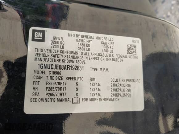 2010 Chevrolet Suburban LT z VIN 1GNUCJE08AR192831, wystawiony jako IAAI lot #42534754 z przebiegiem 165 741 mil mil oraz . Historia ofert i sprzedaży dostępna na DreamBid. Obrazek 9.