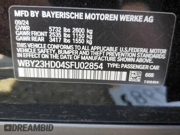 2025 BMW i4 eDrive40 с VIN WBY23HD04SFU02854, выставлен на аукционе Copart как лот 68536175 с пробегом 3 720 миль миль и Списание • Salvage title. История ставок и продаж доступна на DreamBid. Изображение 12.