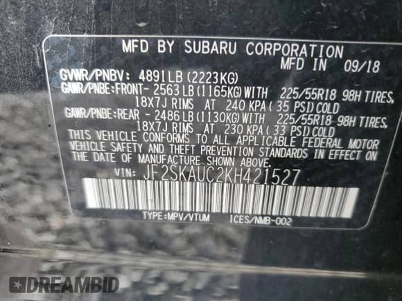 2019 Subaru Forester Limited с VIN JF2SKAUC2KH421527, выставлен на аукционе Copart как лот 85150205 с пробегом 55 447 миль миль и Списание • Salvage title. История ставок и продаж доступна на DreamBid. Изображение 13.