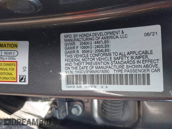 2021 Honda Accord Touring с VIN 1HGCV3F96MA018350, выставлен на аукционе IAAI как лот 42126137 с пробегом 73 617 миль миль и . История ставок и продаж доступна на DreamBid. Изображение 9.