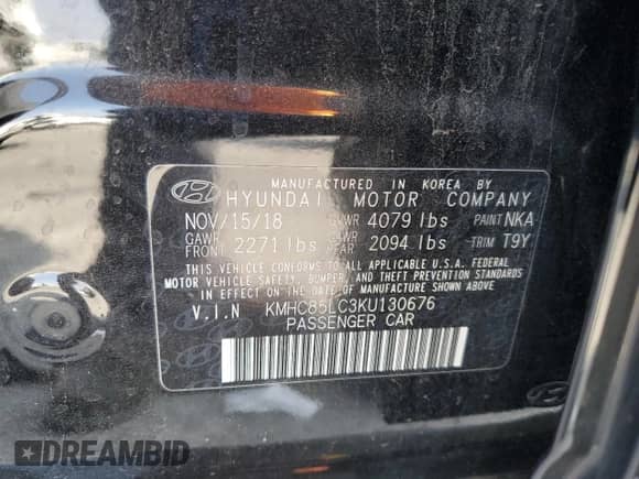 2019 Hyundai Ioniq Limited с VIN KMHC85LC3KU130676, выставлен на аукционе Copart как лот 68561685 с пробегом 52 501 миль миль и Списание • Salvage title. История ставок и продаж доступна на DreamBid. Изображение 13.