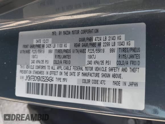 2022 Mazda CX-5 S Preferred with VIN JM3KFBCM9N0529494, listed as a IAAI auction lot 43179890 with 57,495 mi miles and . Bid and sale history available at DreamBid. Image 9.