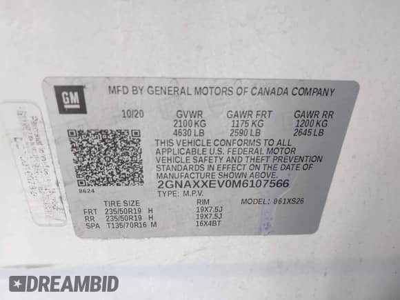 2021 Chevrolet Equinox Premier с VIN 2GNAXXEV0M6107566, выставлен на аукционе IAAI как лот 43291703 с пробегом 64 471 миль миль и . История ставок и продаж доступна на DreamBid. Изображение 9.