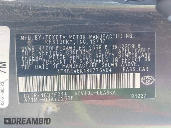 2008 Toyota Camry LE z VIN 4T1BE46K48U776464, wystawiony jako IAAI lot #43048939 z przebiegiem 344 219 mil mil oraz . Historia ofert i sprzedaży dostępna na DreamBid. Obrazek 9.