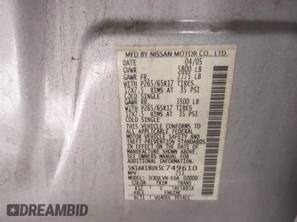 2005 Nissan Pathfinder SE z VIN 5N1AR18UX5C749610, wystawiony jako IAAI lot #41109719 z przebiegiem 230 042 mil mil oraz . Historia ofert i sprzedaży dostępna na DreamBid. Obrazek 9.