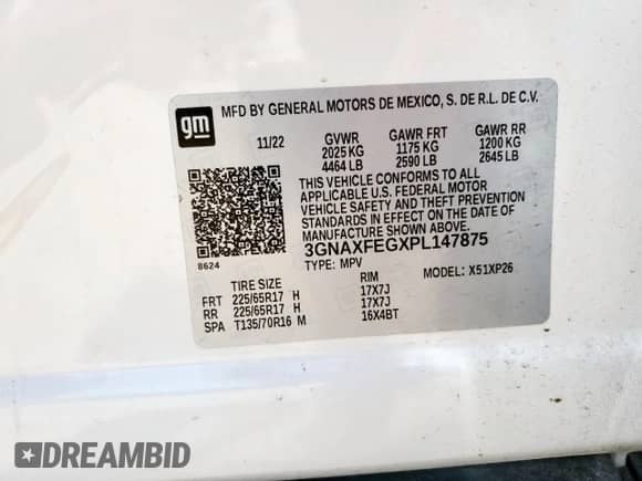 2023 Chevrolet Equinox LS с VIN 3GNAXFEGXPL147875, выставлен на аукционе Copart как лот 59591365 с пробегом 50 701 миль миль и Списание • Salvage title. История ставок и продаж доступна на DreamBid. Изображение 13.