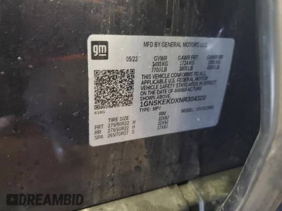 2022 Chevrolet Suburban RST с VIN 1GNSKEKDXNR304320, выставлен на аукционе Copart как лот 48899845 с пробегом 64 619 миль миль и На запчасти • Non repairable. История ставок и продаж доступна на DreamBid. Изображение 13.