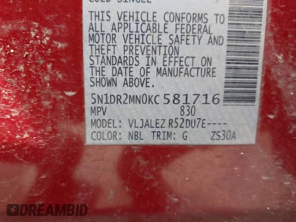 2019 Nissan Pathfinder SL with VIN 5N1DR2MN0KC581716, listed as a IAAI auction lot 42698575 with 113,805 mi miles and . Bid and sale history available at DreamBid. Image 9.