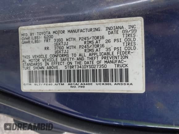 2000 Toyota Tundra SR5 z VIN 5TBRT3410YS027350, wystawiony jako IAAI lot #43404072 z przebiegiem 258 843 mil mil oraz . Historia ofert i sprzedaży dostępna na DreamBid. Obrazek 9.