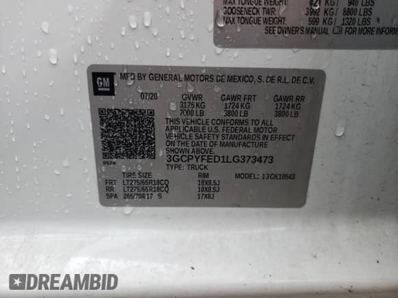 2020 Chevrolet Silverado 1500 LT Trail Boss с VIN 3GCPYFED1LG373473, выставлен на аукционе Copart как лот 55346645 с пробегом 52 954 миль миль и Списание • Salvage title. История ставок и продаж доступна на DreamBid. Изображение 12.