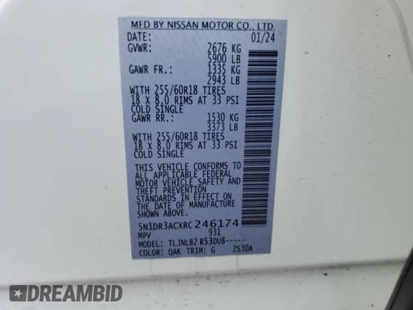 2024 Nissan Pathfinder S с VIN 5N1DR3ACXRC246174, выставлен на аукционе Copart как лот 54235395 с пробегом 5 091 миль миль и Списание • Salvage title. История ставок и продаж доступна на DreamBid. Изображение 13.