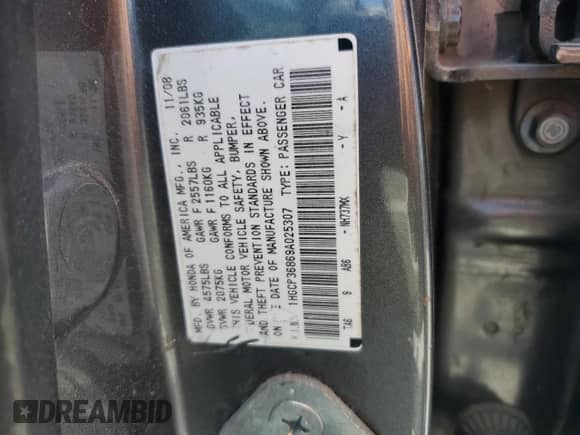 2009 Honda Accord EX-L z VIN 1HGCP36869A025307, wystawiony jako Copart lot #69974985 z przebiegiem 188 224 mil mil oraz Szkoda całkowita • Salvage title. Historia ofert i sprzedaży dostępna na DreamBid. Obrazek 12.