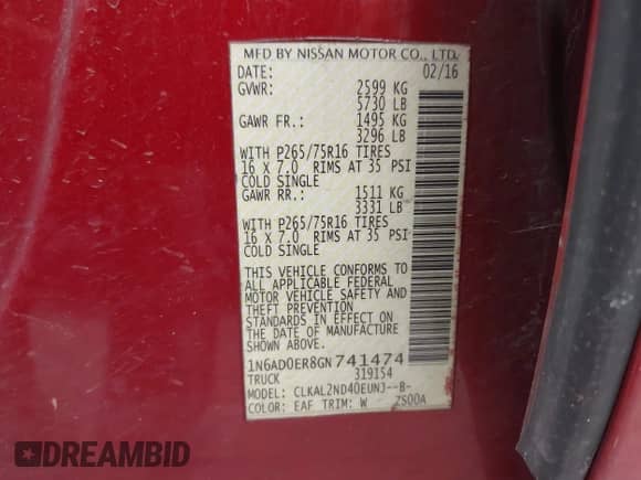 2016 Nissan Frontier SV with VIN 1N6AD0ER8GN741474, listed as a IAAI auction lot 42254299 with 136,637 mi miles and . Bid and sale history available at DreamBid. Image 9.