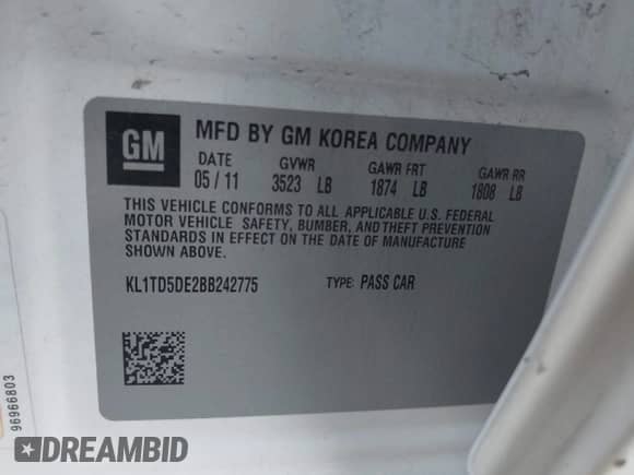 2011 Chevrolet Aveo 1LT с VIN KL1TD5DE2BB242775, выставлен на аукционе IAAI как лот 42820814 с пробегом 74 225 миль миль и . История ставок и продаж доступна на DreamBid. Изображение 9.