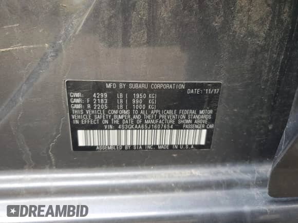 2018 Subaru Impreza with VIN 4S3GKAA65J1607654, listed as a Copart auction lot 58768765 with 62,275 mi miles and Salvage title. Bid and sale history available at DreamBid. Image 12.