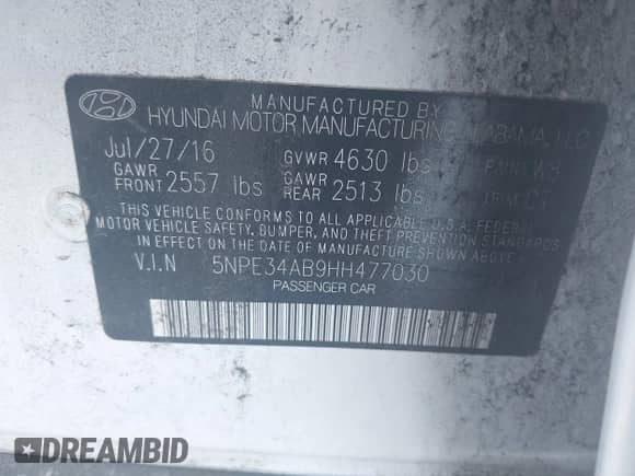 2017 Hyundai Sonata Limited with VIN 5NPE34AB9HH477030, listed as a IAAI auction lot 42829478 with 97,461 mi miles and . Bid and sale history available at DreamBid. Image 9.