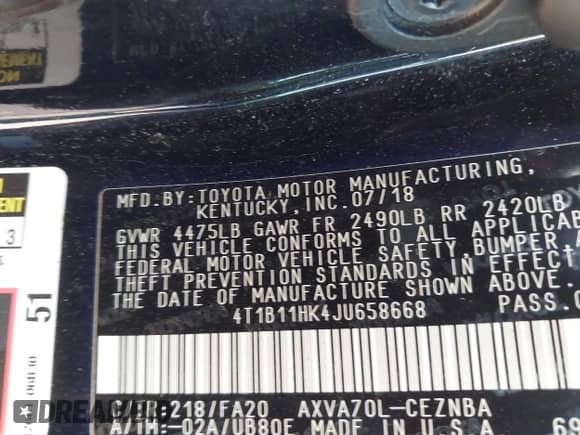 2018 Toyota Camry SE with VIN 4T1B11HK4JU658668, listed as a IAAI auction lot 43204847 with 195,921 mi miles and . Bid and sale history available at DreamBid. Image 9.