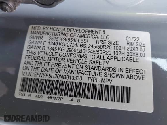 2022 Honda Pilot Special Edition with VIN 5FNYF5H20NB013330, listed as a IAAI auction lot 42397306 with 59,483 mi miles and . Bid and sale history available at DreamBid. Image 9.
