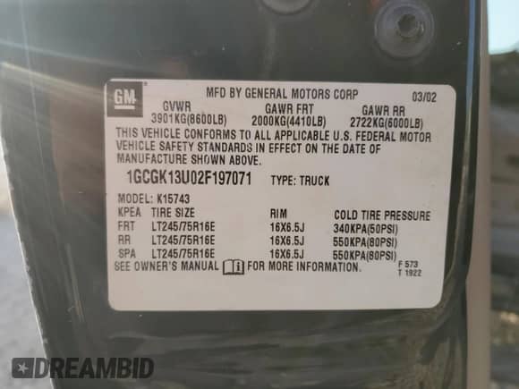 2002 Chevrolet Silverado 1500HD LS с VIN 1GCGK13U02F197071, выставлен на аукционе Copart как лот 50090545 с пробегом 358 510 миль миль и Списание • Salvage title. История ставок и продаж доступна на DreamBid. Изображение 15.