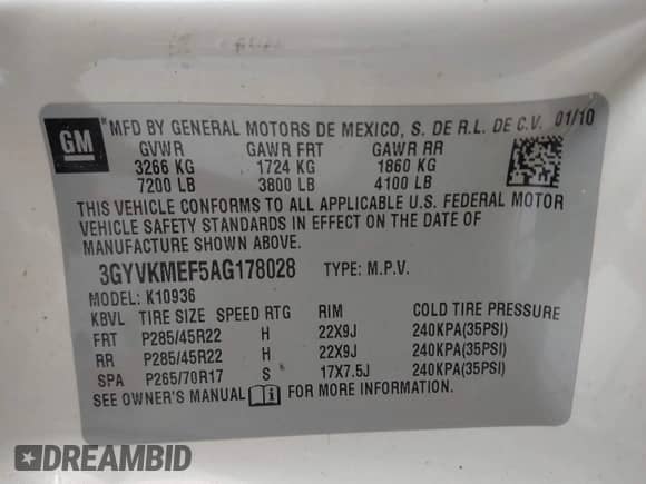 2010 Cadillac Escalade EXT Luxury z VIN 3GYVKMEF5AG178028, wystawiony jako IAAI lot #43276365 z przebiegiem 77 287 mil mil oraz . Historia ofert i sprzedaży dostępna na DreamBid. Obrazek 9.