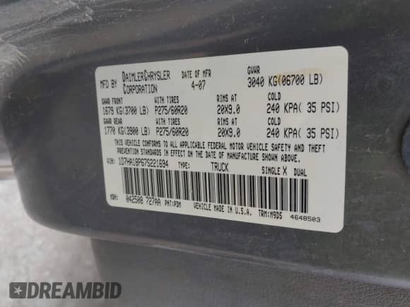 2007 Dodge 1500 SLT with VIN 1D7HA18P67S221694, listed as a IAAI auction lot 43118105 with 255,839 mi miles and . Bid and sale history available at DreamBid. Image 9.