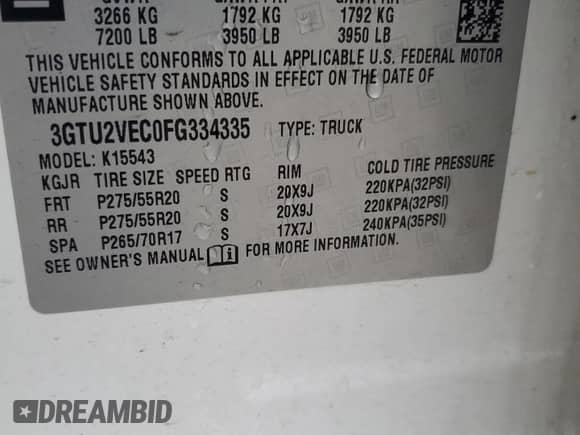 2015 GMC Sierra 1500 SLT z VIN 3GTU2VEC0FG334335, wystawiony jako Copart lot #82266885 z przebiegiem 193 978 mil mil oraz Szkoda całkowita • Salvage title. Historia ofert i sprzedaży dostępna na DreamBid. Obrazek 12.