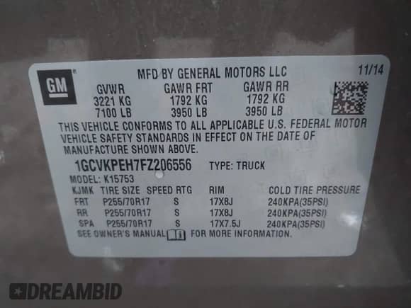 2015 Chevrolet Silverado 1500 Work Truck with VIN 1GCVKPEH7FZ206556, listed as a IAAI auction lot 43430526 with 228,019 mi miles and . Bid and sale history available at DreamBid. Image 9.