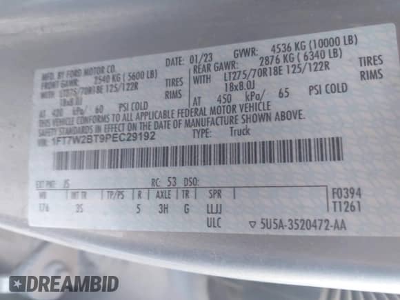 2023 Ford F-250 XL z VIN 1FT7W2BT9PEC29192, wystawiony jako IAAI lot #42893211 z przebiegiem Nie podano mil oraz . Historia ofert i sprzedaży dostępna na DreamBid. Obrazek 8.