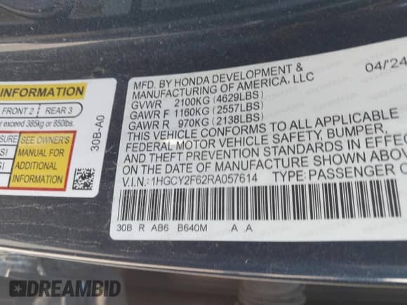 2024 Honda Accord EX-L z VIN 1HGCY2F62RA057614, wystawiony jako IAAI lot #42906157 z przebiegiem Nie podano mil oraz . Historia ofert i sprzedaży dostępna na DreamBid. Obrazek 7.